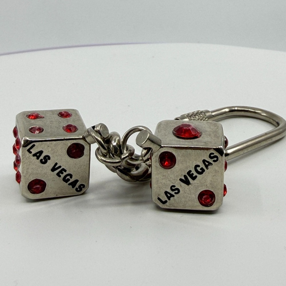 Las Vegas Red Rhinestone Dice Keychain Silver Tone Casino Gambling Souvenir